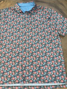 Good Good golf Men's Floral Polo Shirt - Coral/Blue